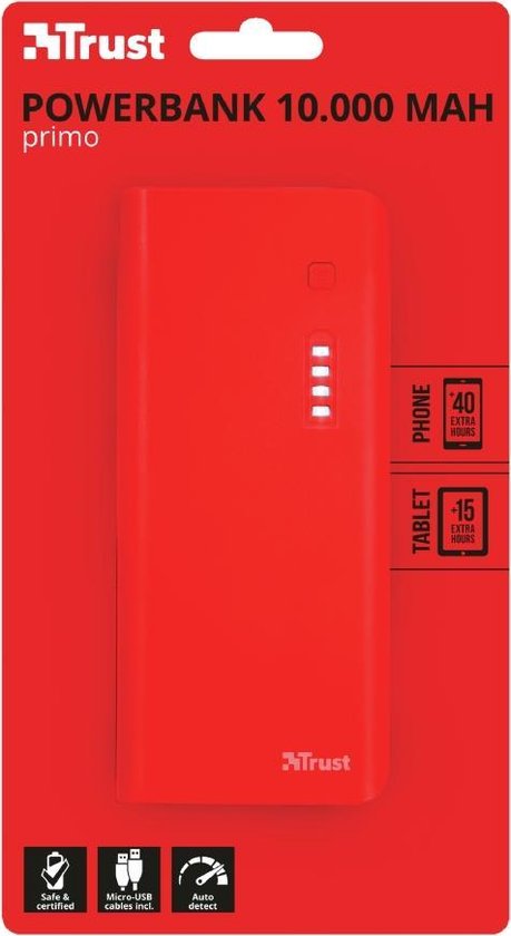 Trust Primo 10.000 mAh powerbank Rood Lithium-Ion (Li-Ion) — extra foto 0